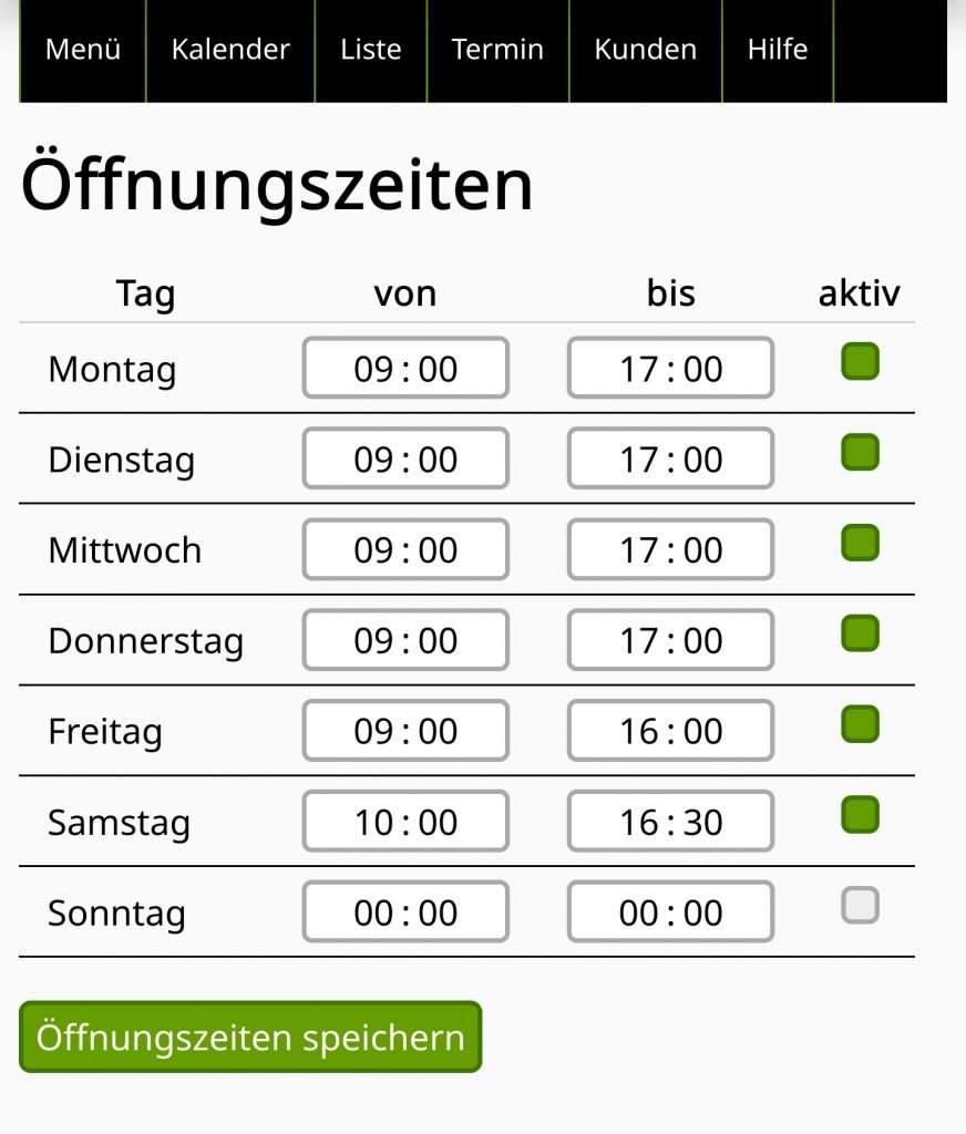 Screenshot Öffnungszeiten