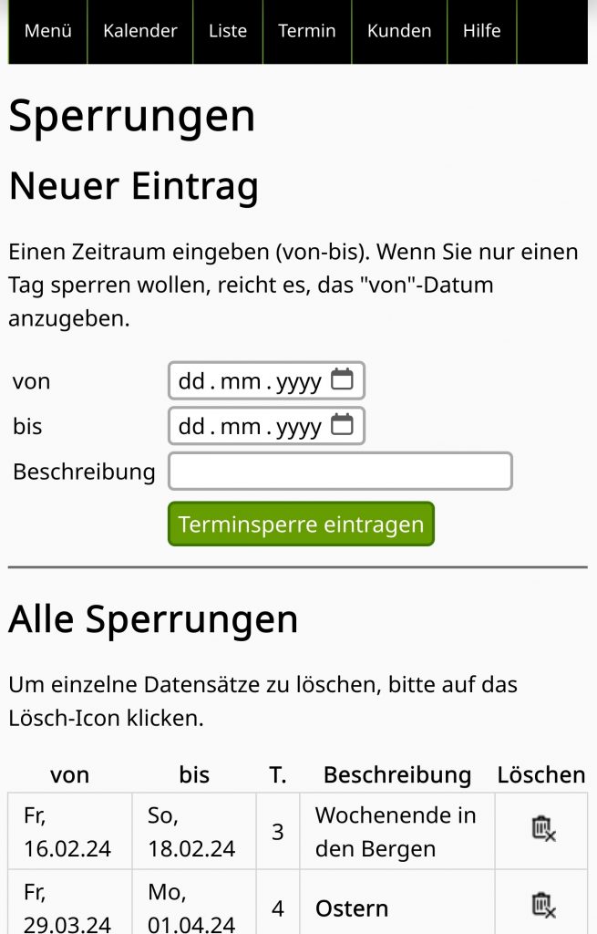 Screenshot Sperrungen freien Tagen oder Urlaub