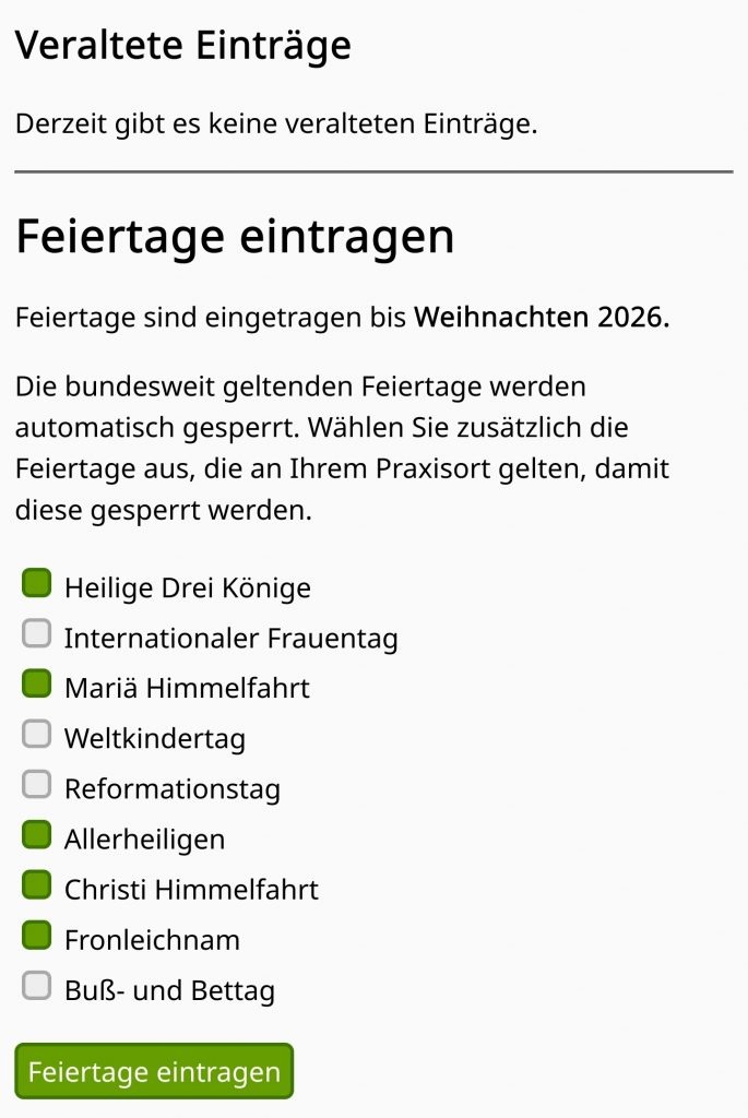 Screenshot Auswahl von Feiertagen